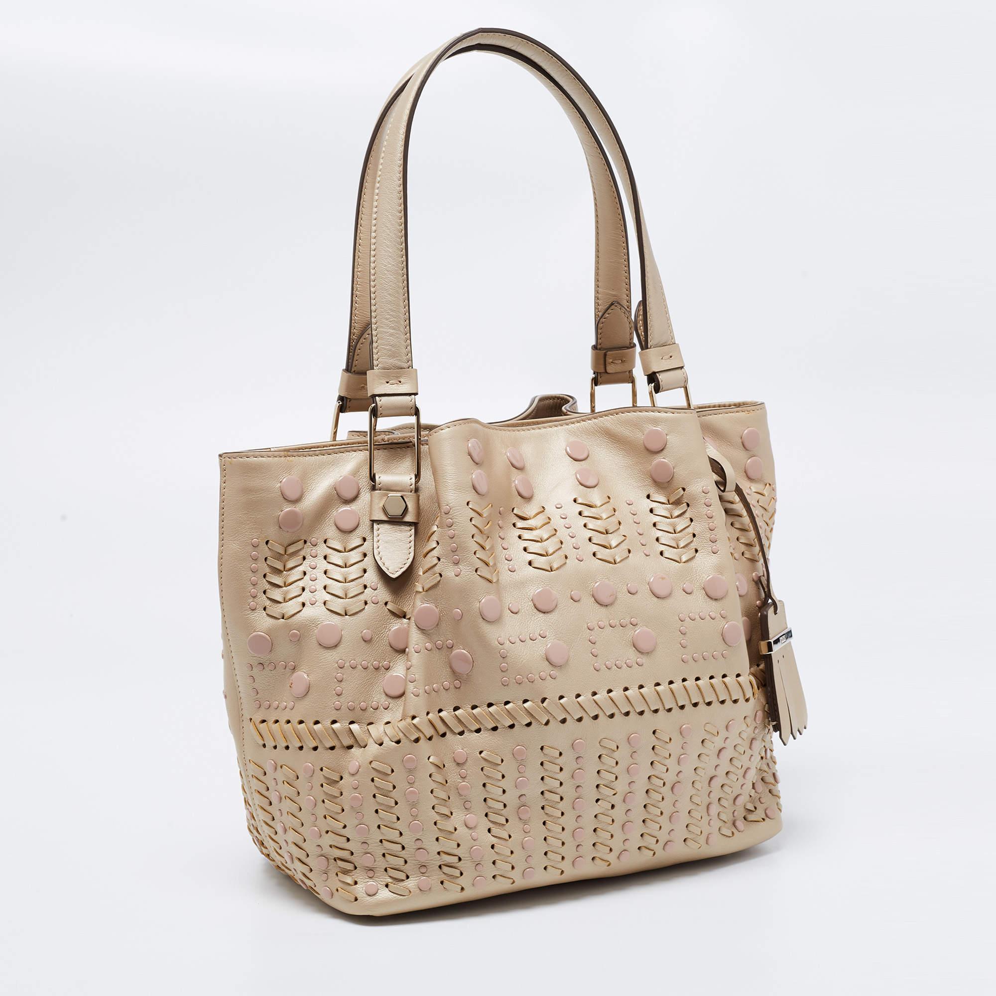 Women's Tod's Metallic Beige Leather Small Studded Flower Tote For Sale