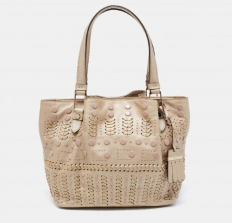 Tod's Metallic Beige Leather Small Studded Flower Tote For Sale 1