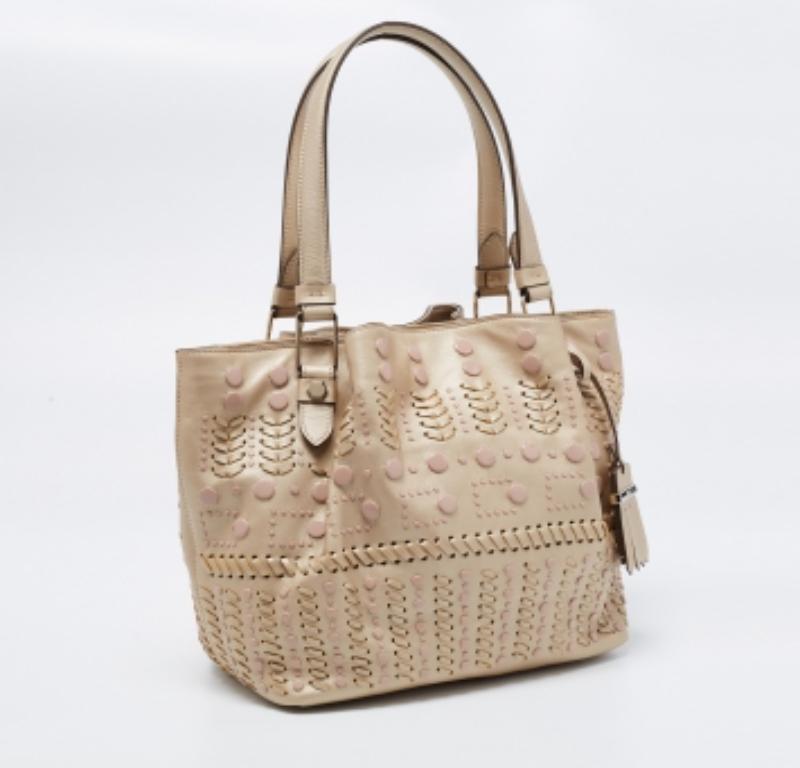 Tod's Metallic Beige Leather Small Studded Flower Tote For Sale 3