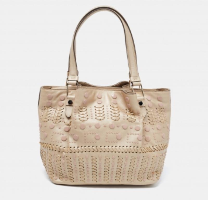 Tod's Metallic Beige Leather Small Studded Flower Tote For Sale 4