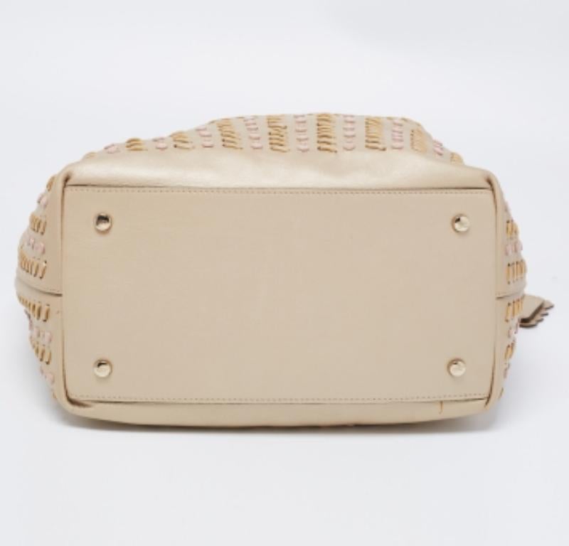Tod's Metallic Beige Leather Small Studded Flower Tote For Sale 5
