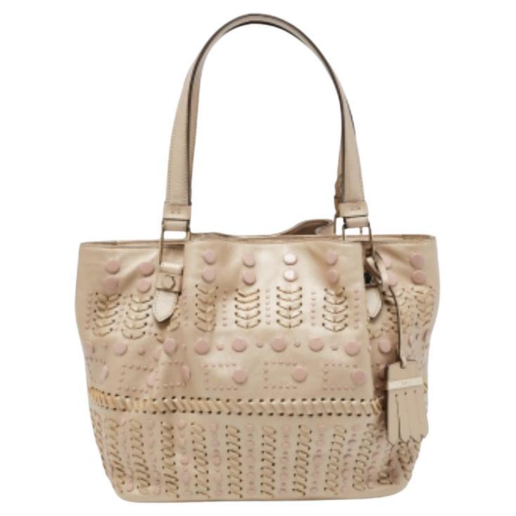 Tod's Metallic Beige Leather Small Studded Flower Tote For Sale