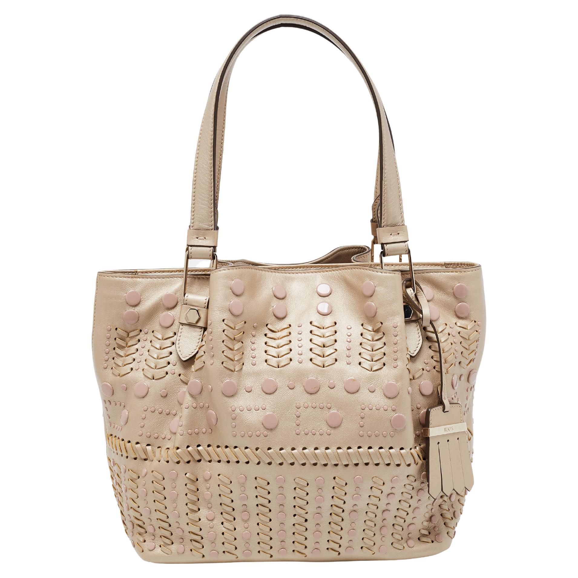 Tod's Metallic Beige Leather Small Studded Flower Tote For Sale