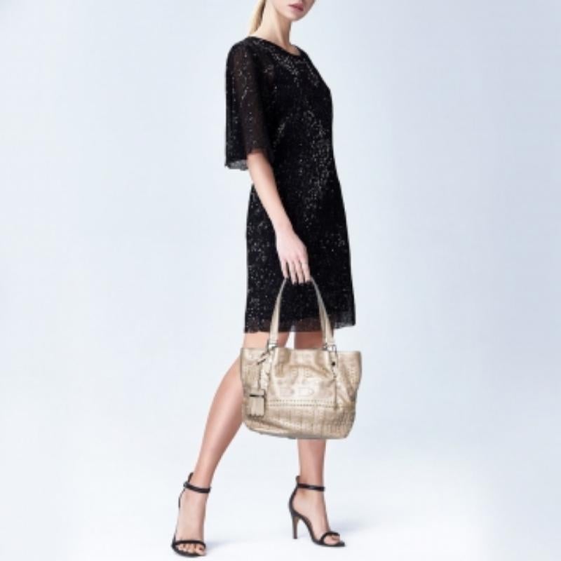 Tod's Metallic Beige Leather Studded Flower Tote For Sale 6