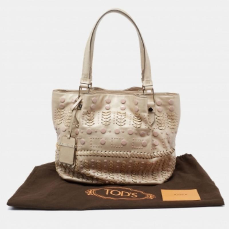 Tod's Metallic Beige Leather Studded Flower Tote For Sale 7