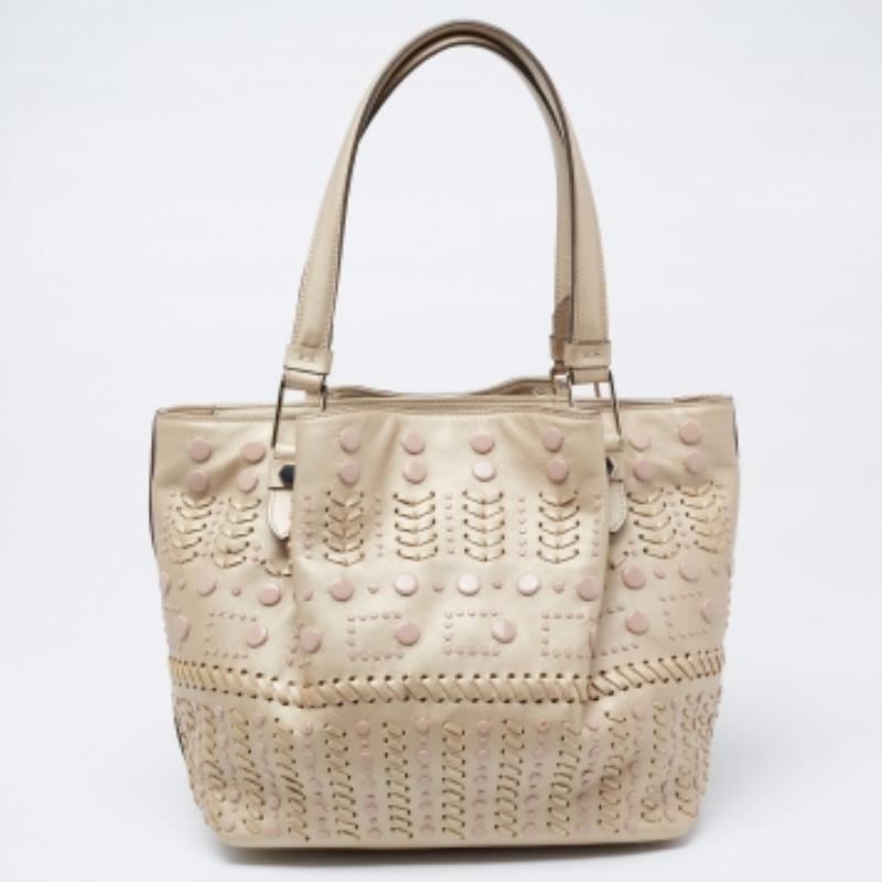 Tod's Metallic Beige Leather Studded Flower Tote In Excellent Condition For Sale In Dubai, Al Qouz 2