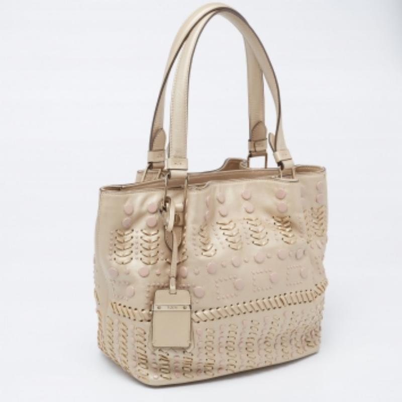 Women's Tod's Metallic Beige Leather Studded Flower Tote For Sale