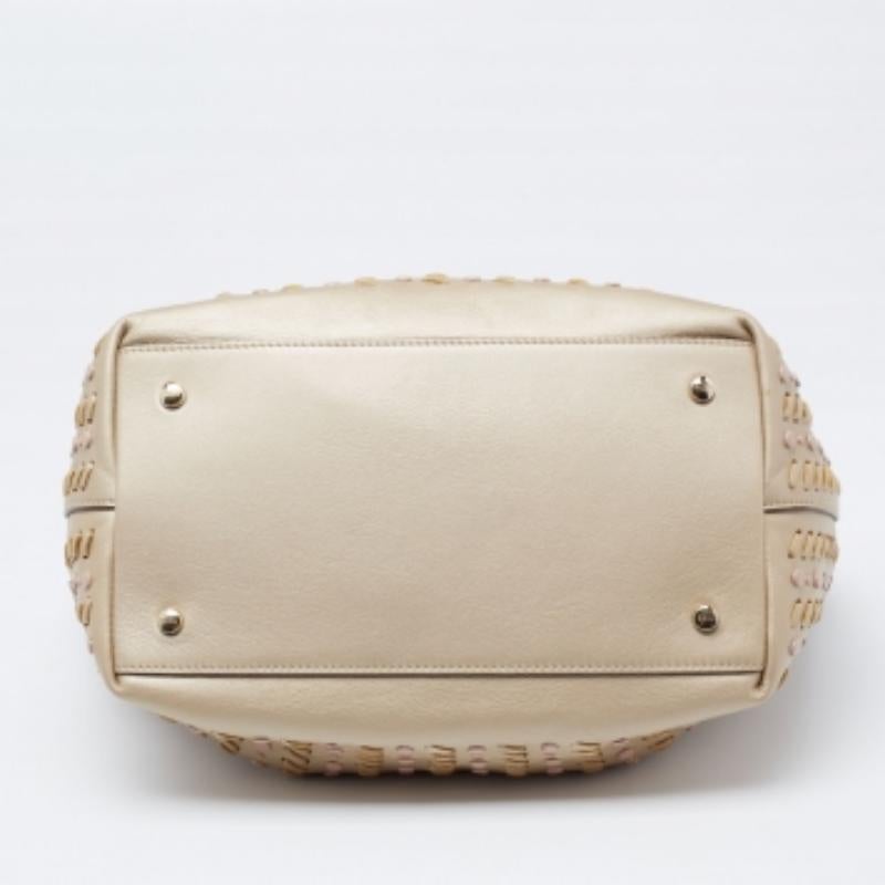 Tod's Metallic Beige Leather Studded Flower Tote For Sale 1
