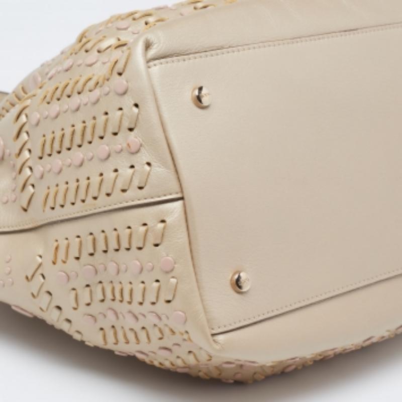Tod's Metallic Beige Leather Studded Flower Tote For Sale 2