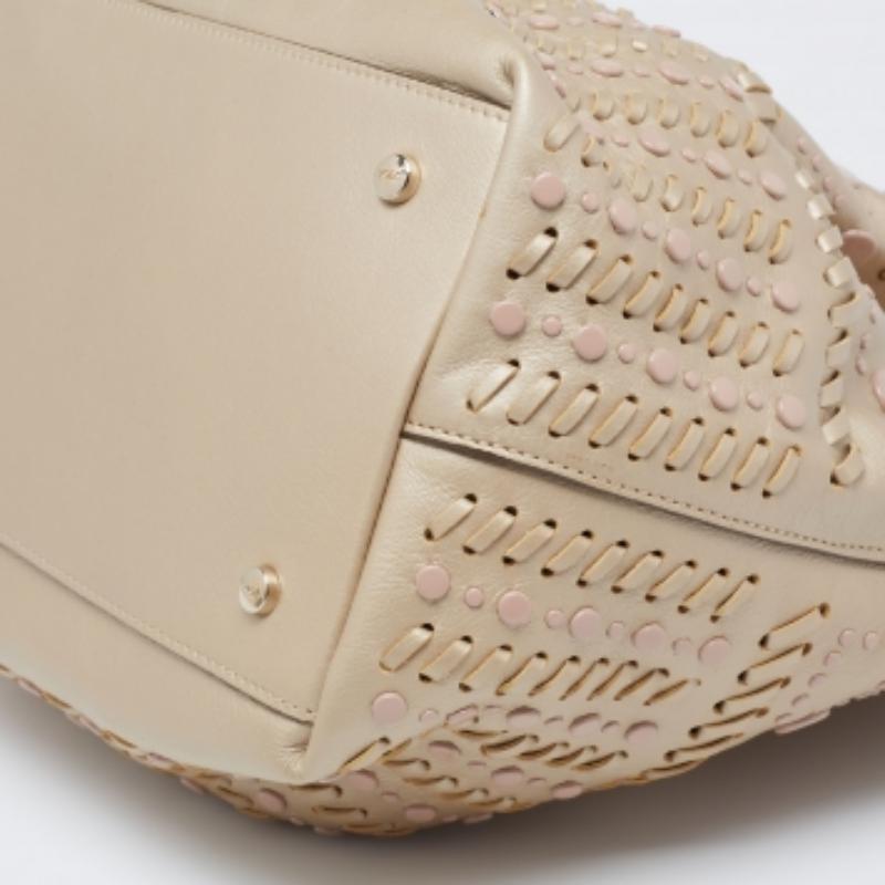 Tod's Metallic Beige Leather Studded Flower Tote For Sale 3
