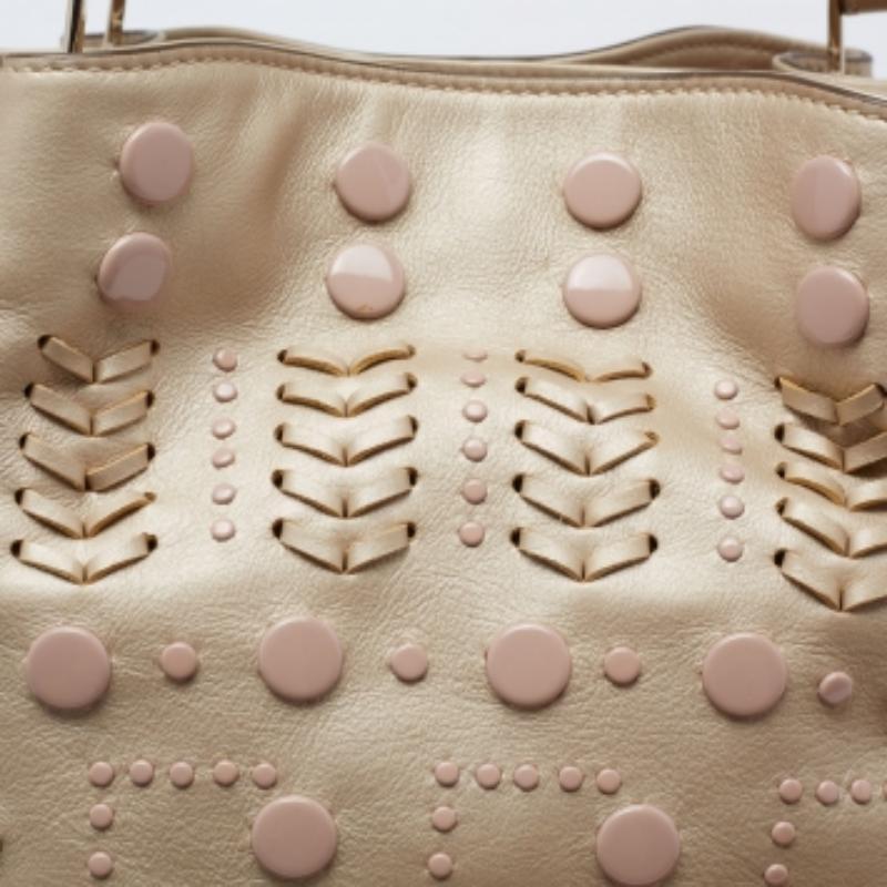 Tod's Metallic Beige Leather Studded Flower Tote For Sale 4