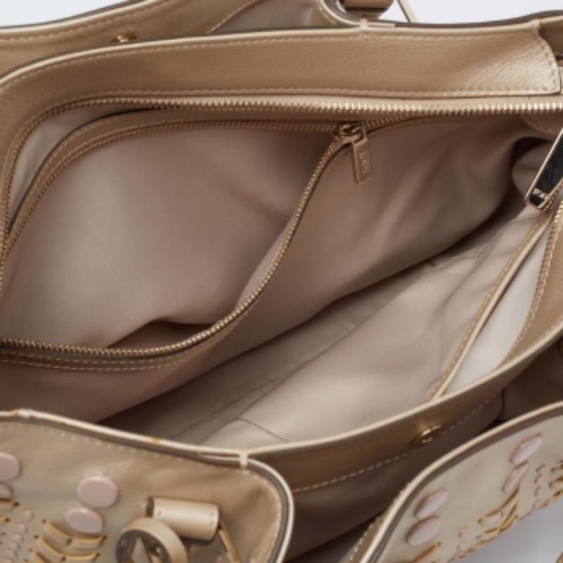 Tod's Metallic Beige Leather Studded Flower Tote For Sale 5