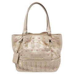 Tod's Metallic Beige Leather Studded Flower Tote