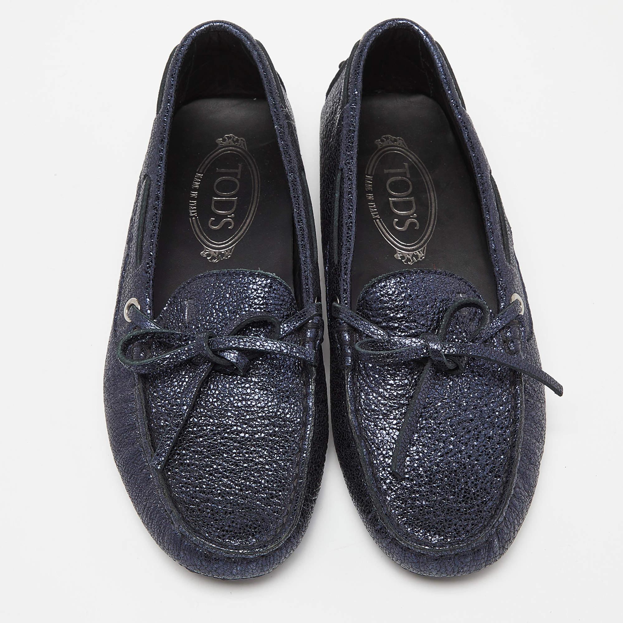 Black Tod's Metallic Blue Foil Leather Gommino Bow Slip On Loafers Size 36.5 For Sale