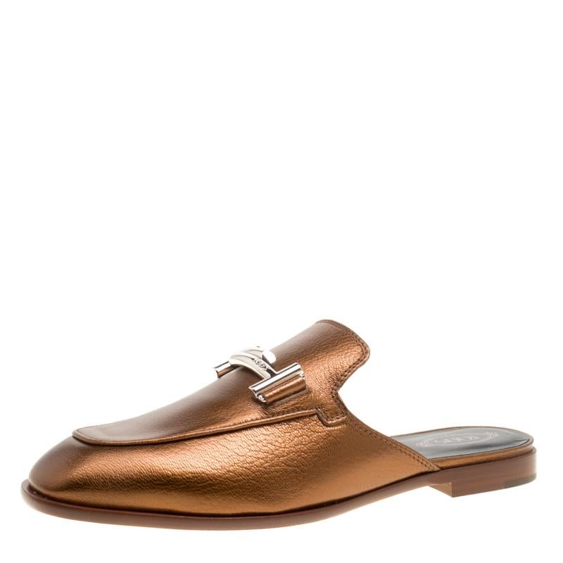 Tod's Metallic Bronze Leather Double T Flat Mules Size 38