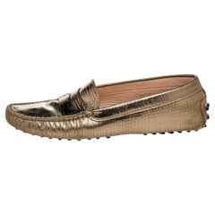 Tod's Metallic Bronze Lizard Embossed Leather Penny Loafers Taille 37