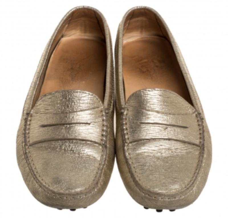 Brown Tod's Metallic Gold Leather Penny Loafers Size 35.5 For Sale