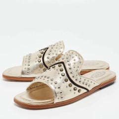 Tod's Metallic Gold Leather Studded Embellished Flat Slides Size 37.5