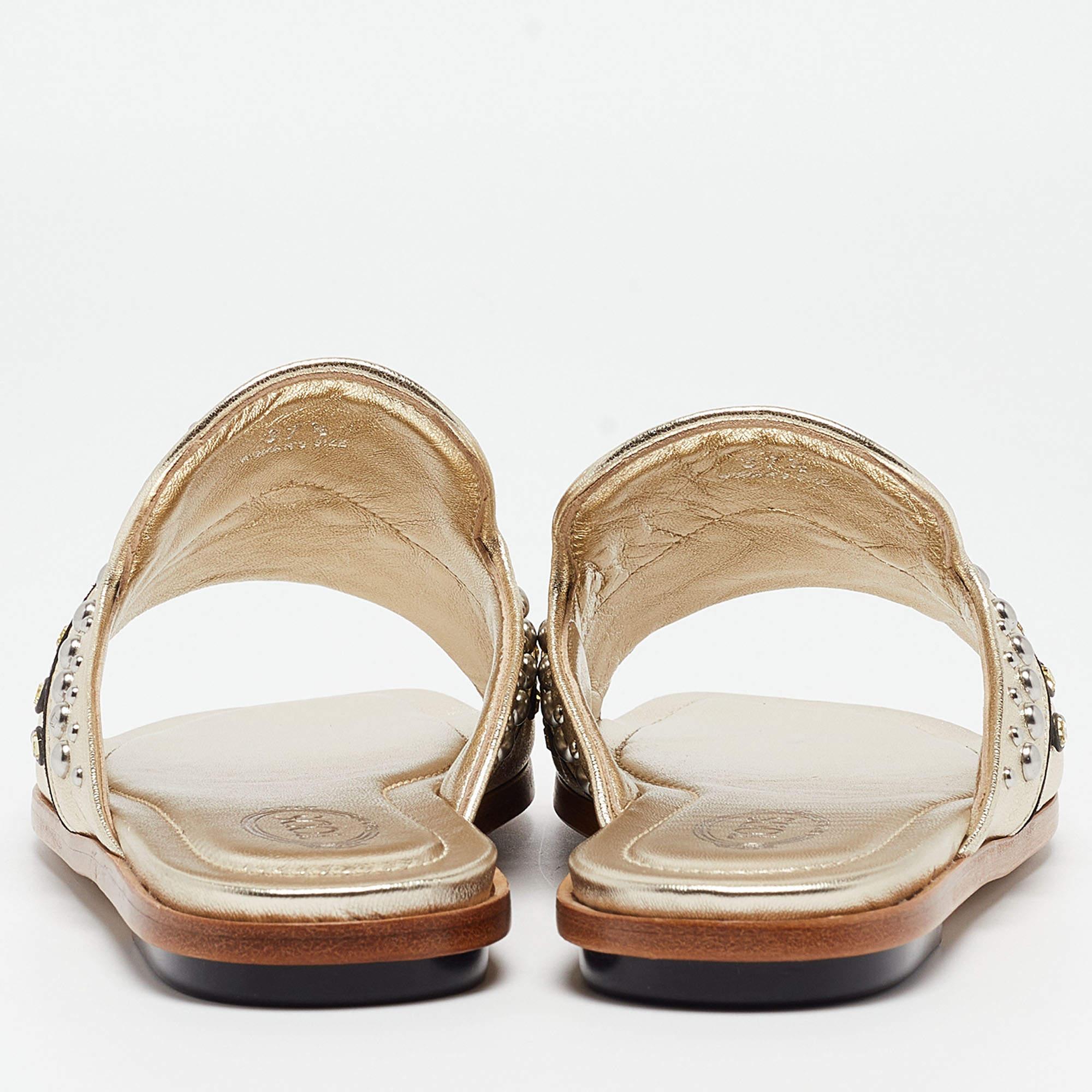 Tod's Metallic Gold Leather Studded Embellished Flat Slides Size 37.5 For Sale 1