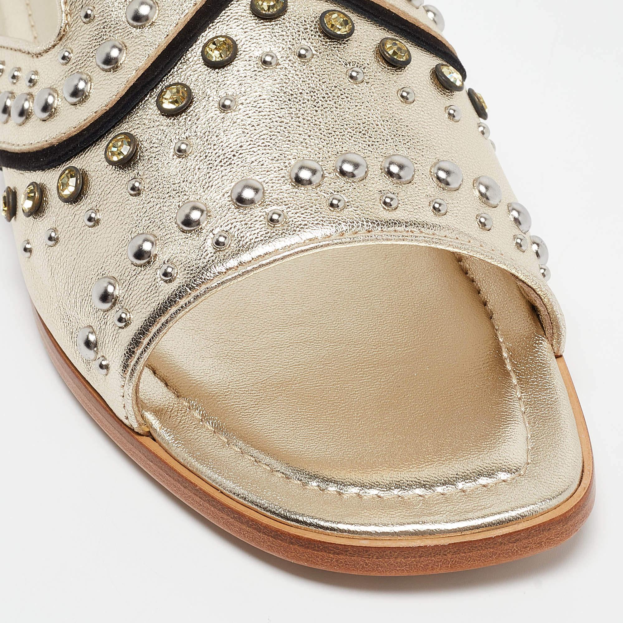 Tod's Metallic Gold Leather Studded Embellished Flat Slides Size 37.5 For Sale 3