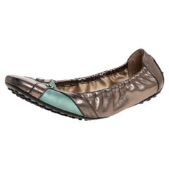 Tod's Metallic/Green Leather Scrunch Ballet Flats Size 38.5
