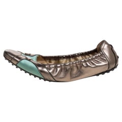 Tod's Metallic/Green Leather Scrunch Ballet Flats Size 38.5