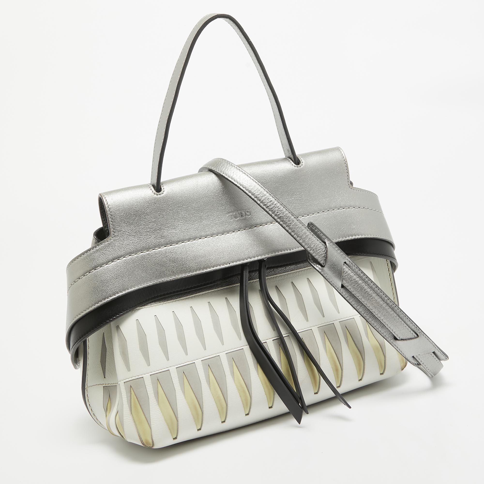 Tod's Metallic Grau/Weiß Leder Wave Laser Top Handle Bag aus Leder im Zustand „Gut“ in Dubai, Al Qouz 2