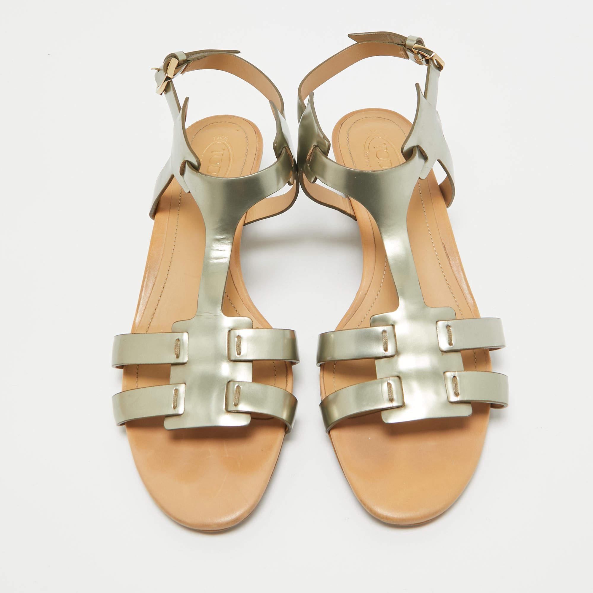 Beige Tod's Metallic Leather Ankle Strap Sandals Size 38