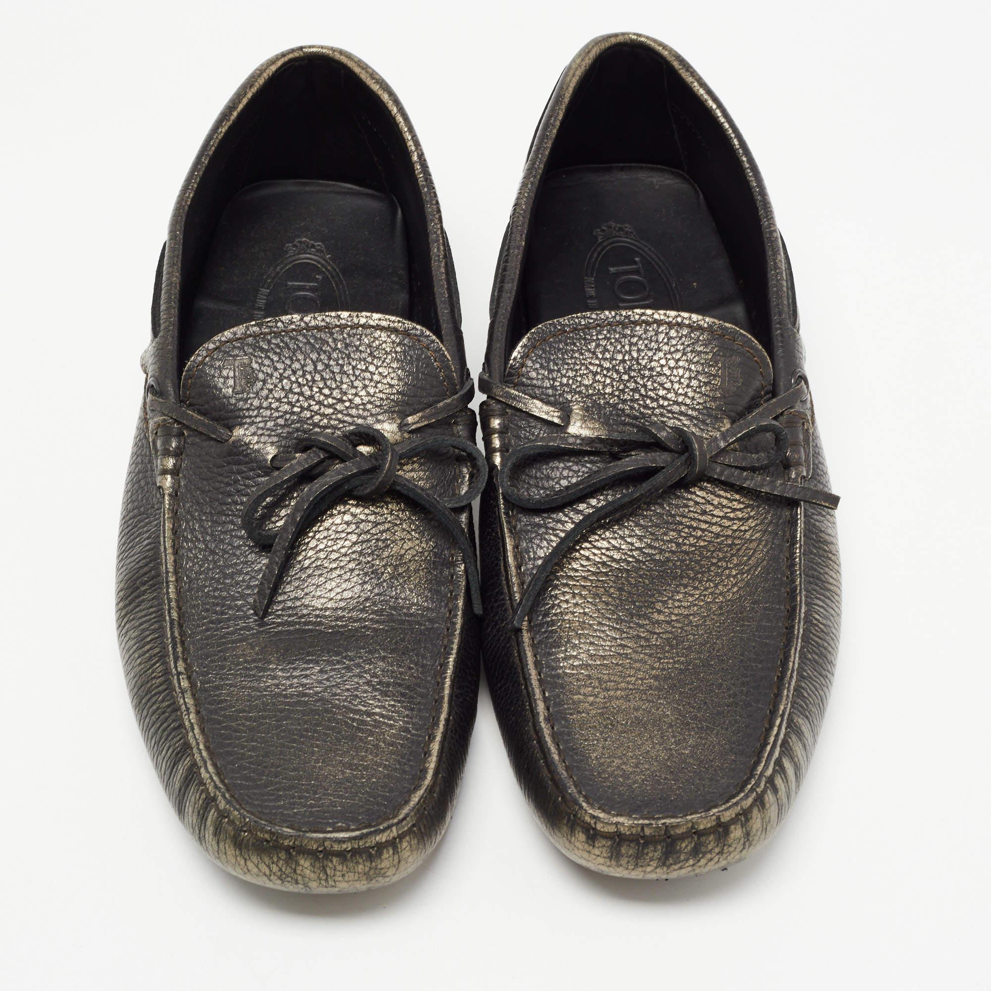 Black Tod's Metallic Leather Bow Slip On Loafers Size 42.5 For Sale