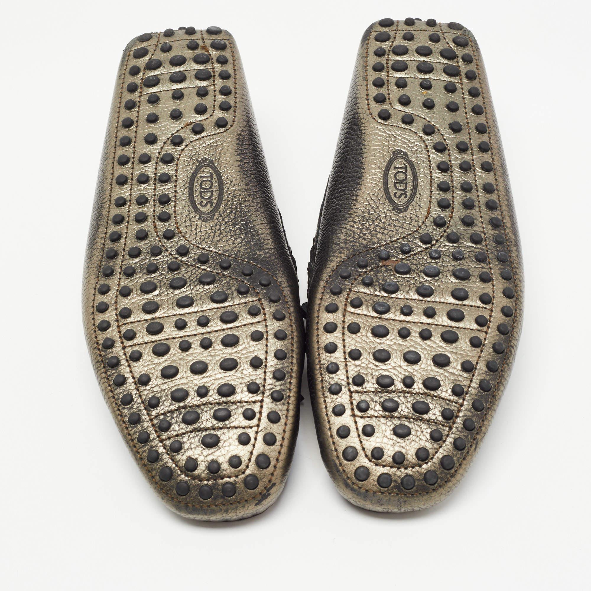 Tod's Metallic Leather Bow Slip On Loafers Size 42.5 For Sale 1