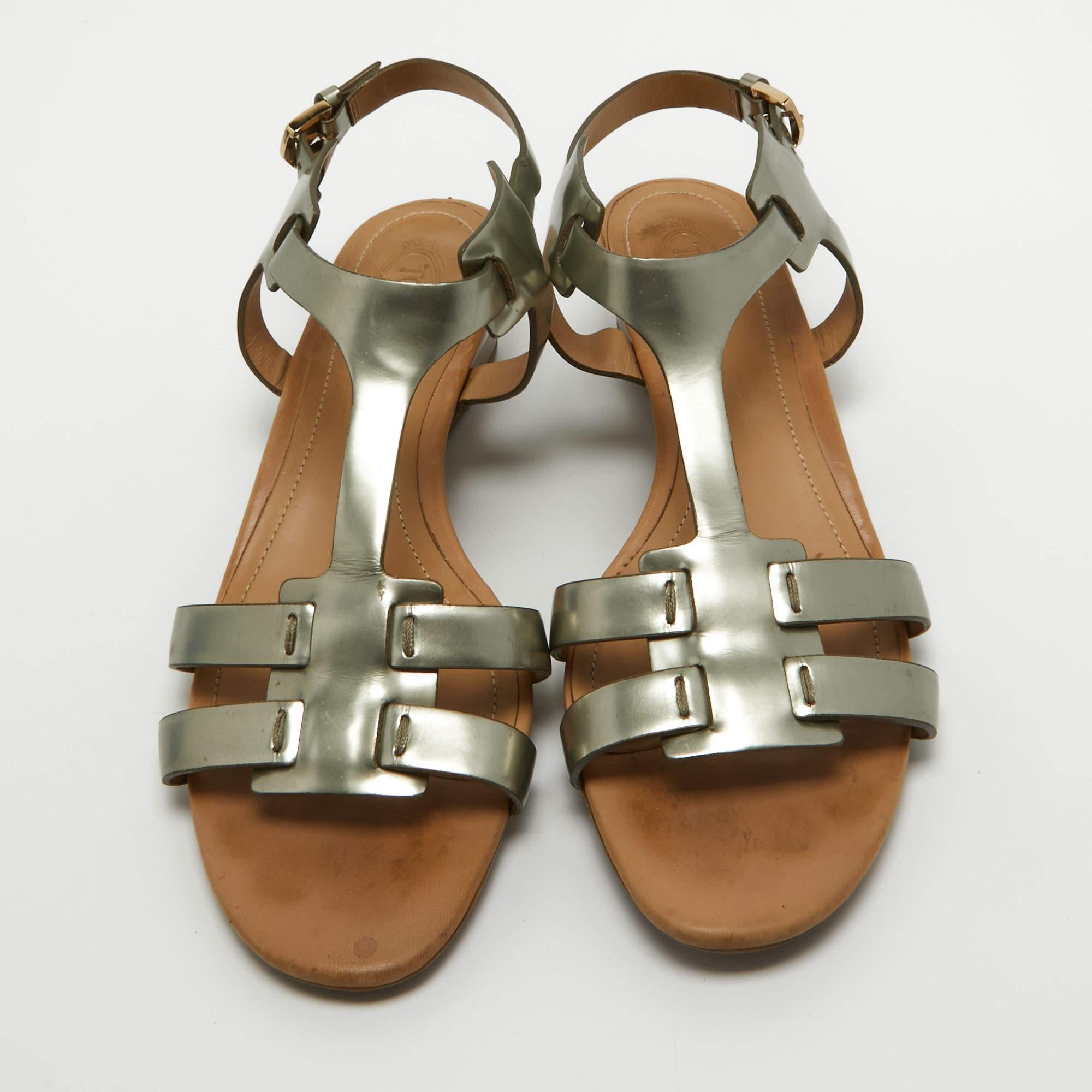 Brown Tod's Metallic Leather Wedge Ankle Strap Sandals Size 36.5 For Sale