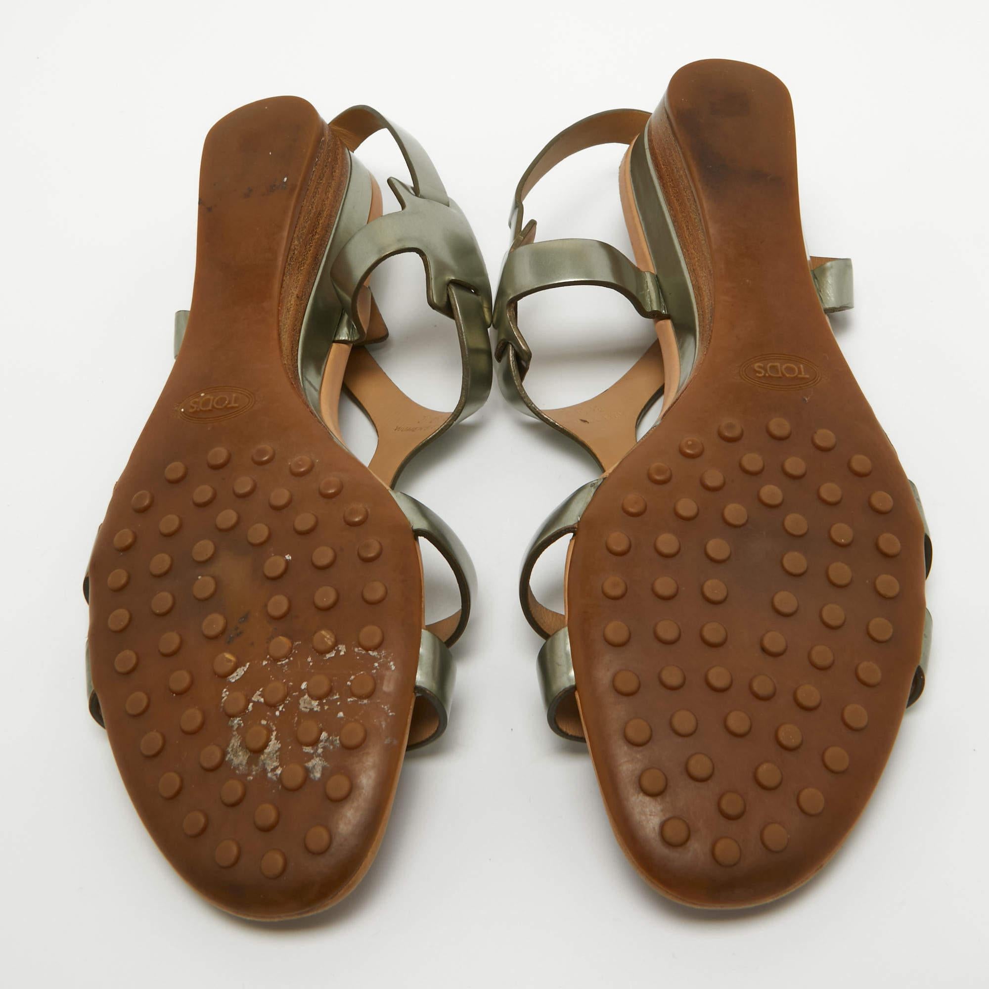 Tod's Metallic Leather Wedge Ankle Strap Sandals Size 36.5 For Sale 1