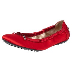 Tod's Mint Red Satin Bow Scrunch Ballet Flats Size 36.5