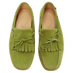 TOD'S moss green suede leather fringe tongue dot sole driving loafer UK7 EU41