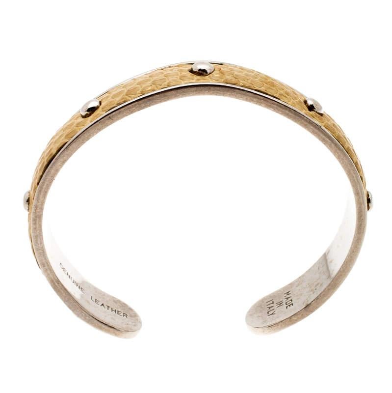 Aesthetic Movement Tod's Mustard Leather Studded Silver Tone Narrow Cuff Bracelet For Sale
