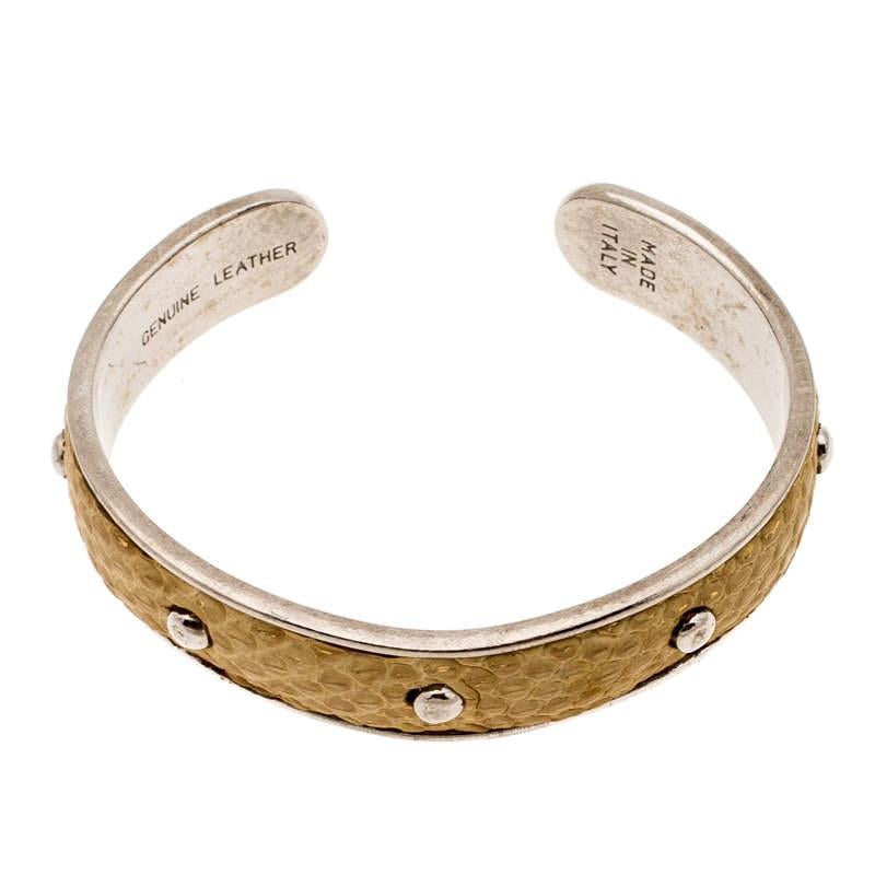 Tod's Mustard Leather Studded Silver Tone Narrow Cuff Bracelet For Sale 1