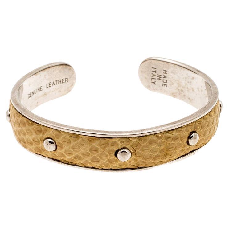 Tod's Mustard Leather Studded Silver Tone Narrow Cuff Bracelet For Sale
