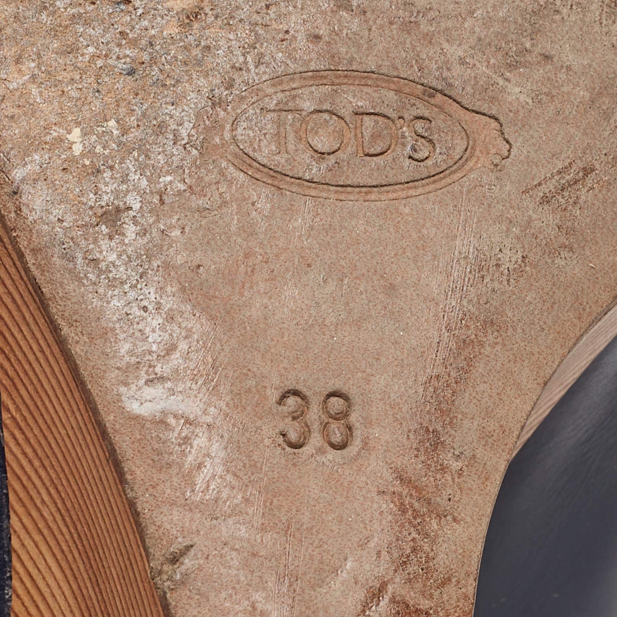 Tod's Navy Blue Leather Peep Toe Wedge Pumps Size 38 For Sale 2