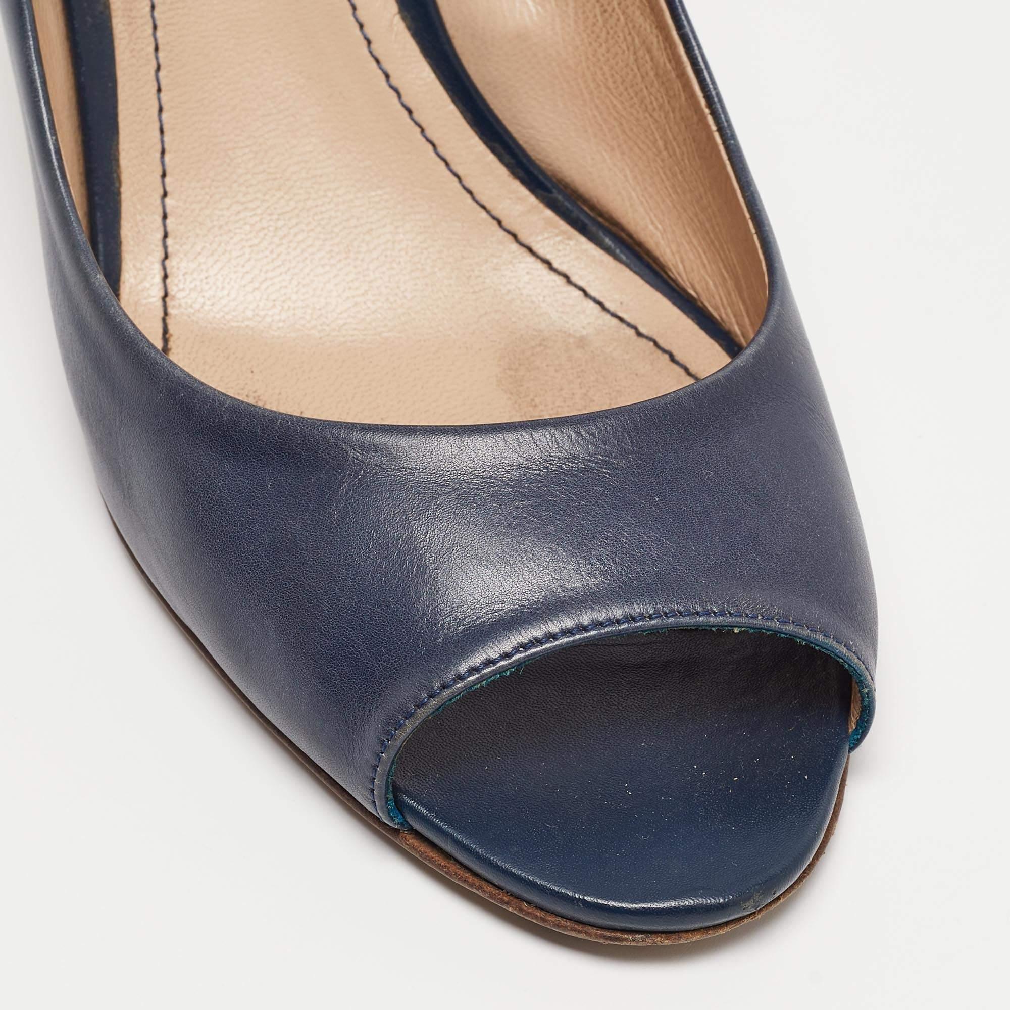 Tod's Navy Blue Leather Peep Toe Wedge Pumps Size 38 For Sale 3