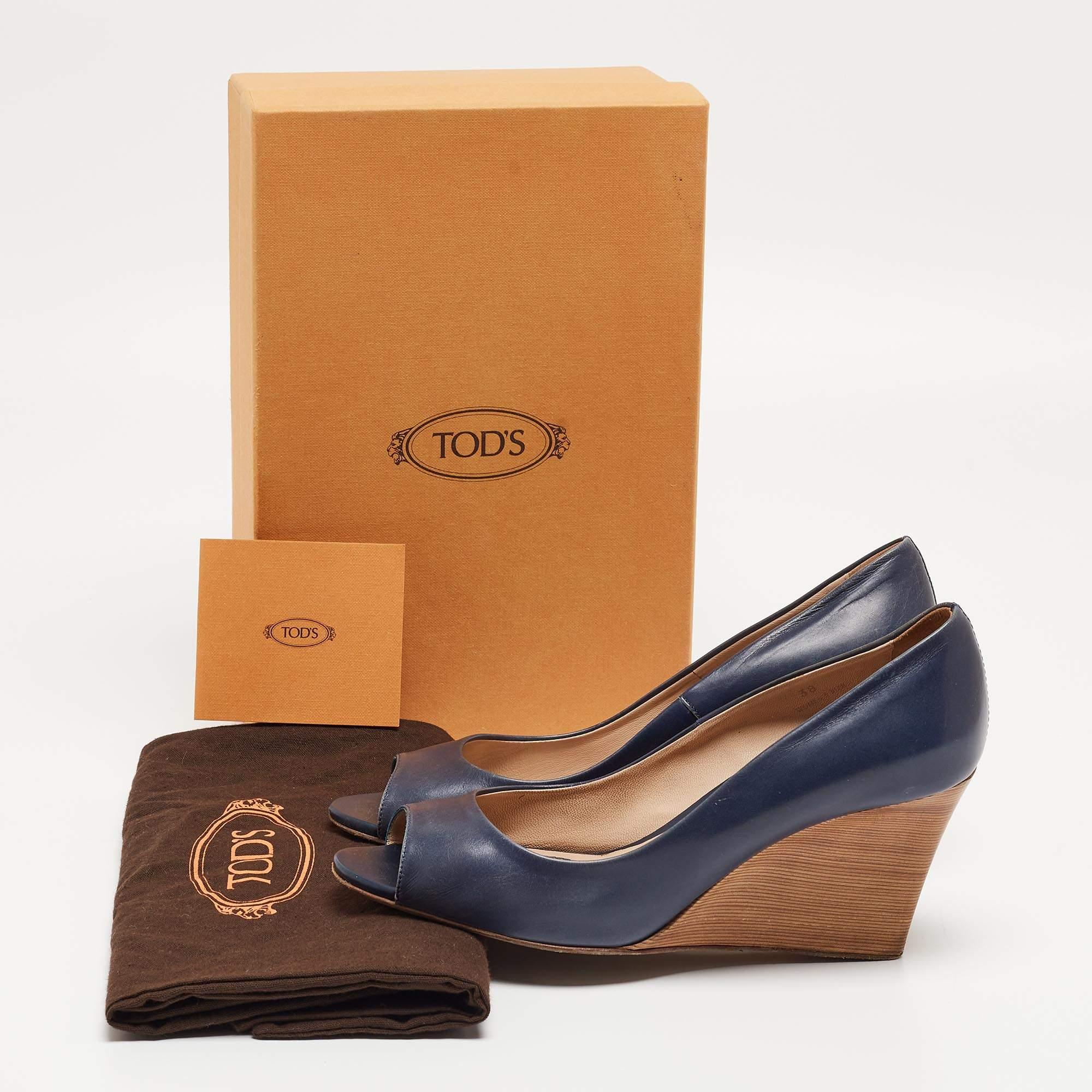 Tod's Navy Blue Leather Peep Toe Wedge Pumps Size 38 For Sale 4