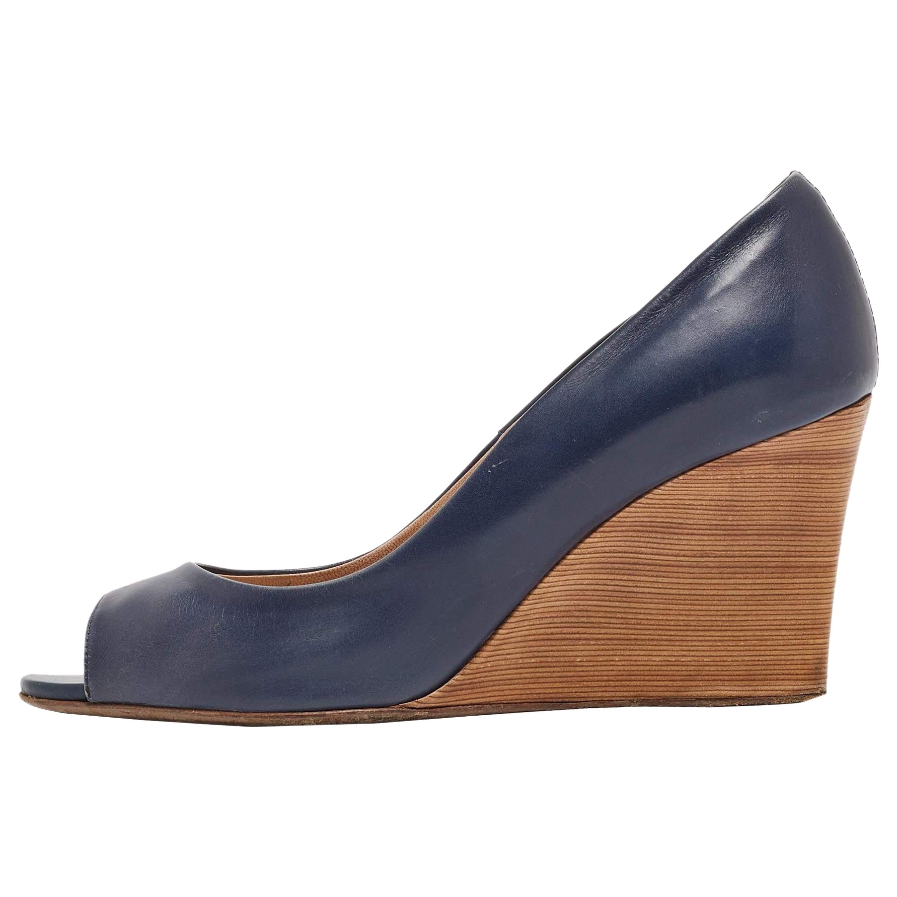 Tod
s Navy Blue Leather Peep Toe Wedge Pumps Size 38
