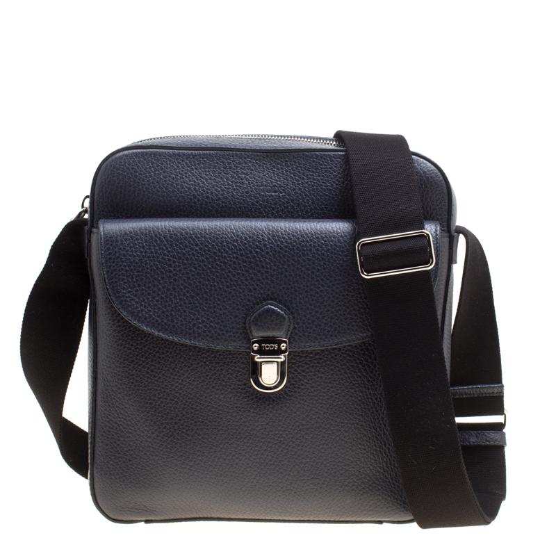 Tod's Navy Blue Leather Reporter Messenger Bag