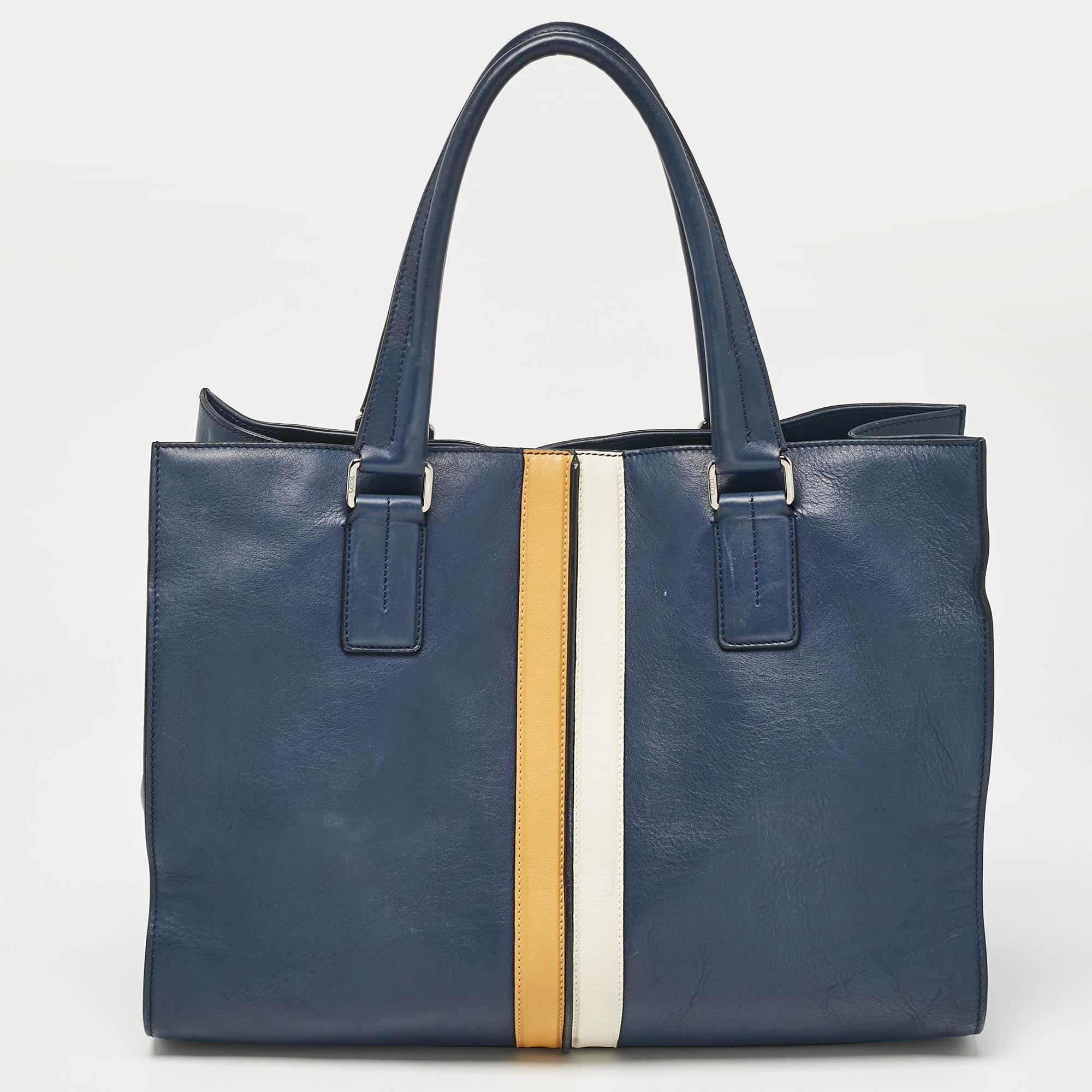 Women's Tod's Navy Blue Leather Stripe Tote