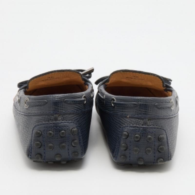 Black Tod's Navy Blue Lizard Embossed Leather Bow Slip On Loafers Size 36