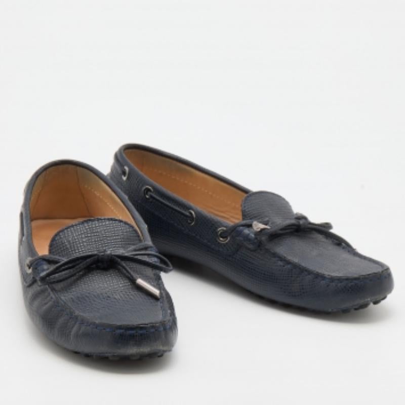 Women's Tod's Navy Blue Lizard Embossed Leather Bow Slip On Loafers Size 36