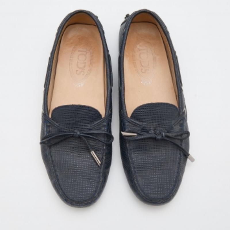 Tod's Navy Blue Lizard Embossed Leather Bow Slip On Loafers Size 36 1