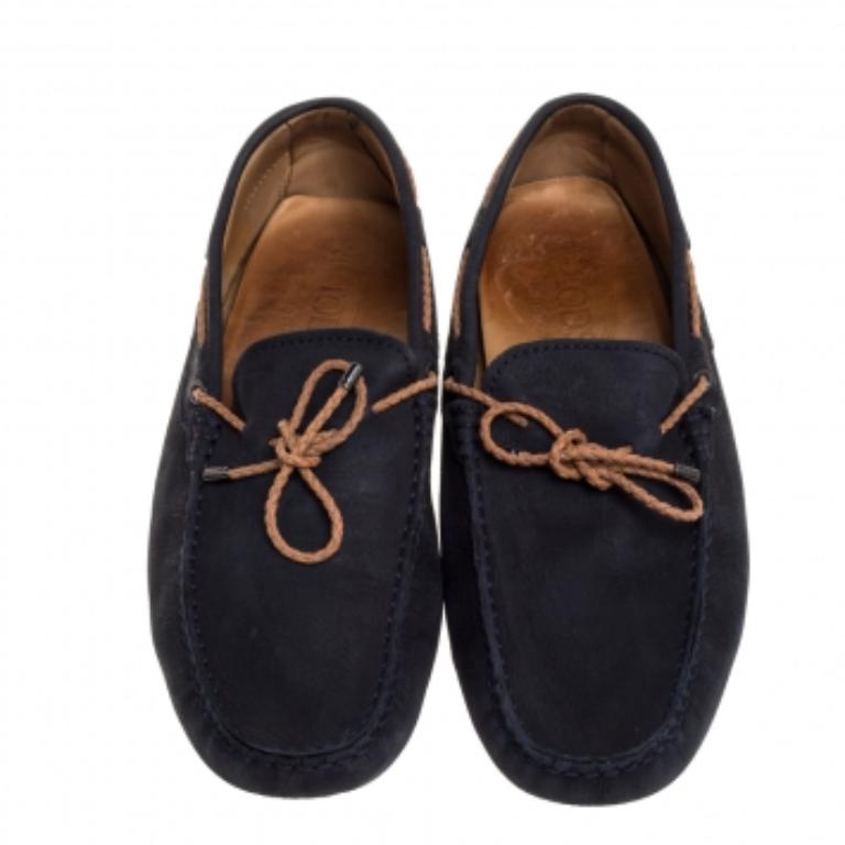Men's Tod's Navy Blue Suede Bow Driving Loafers Size 43 For Sale
