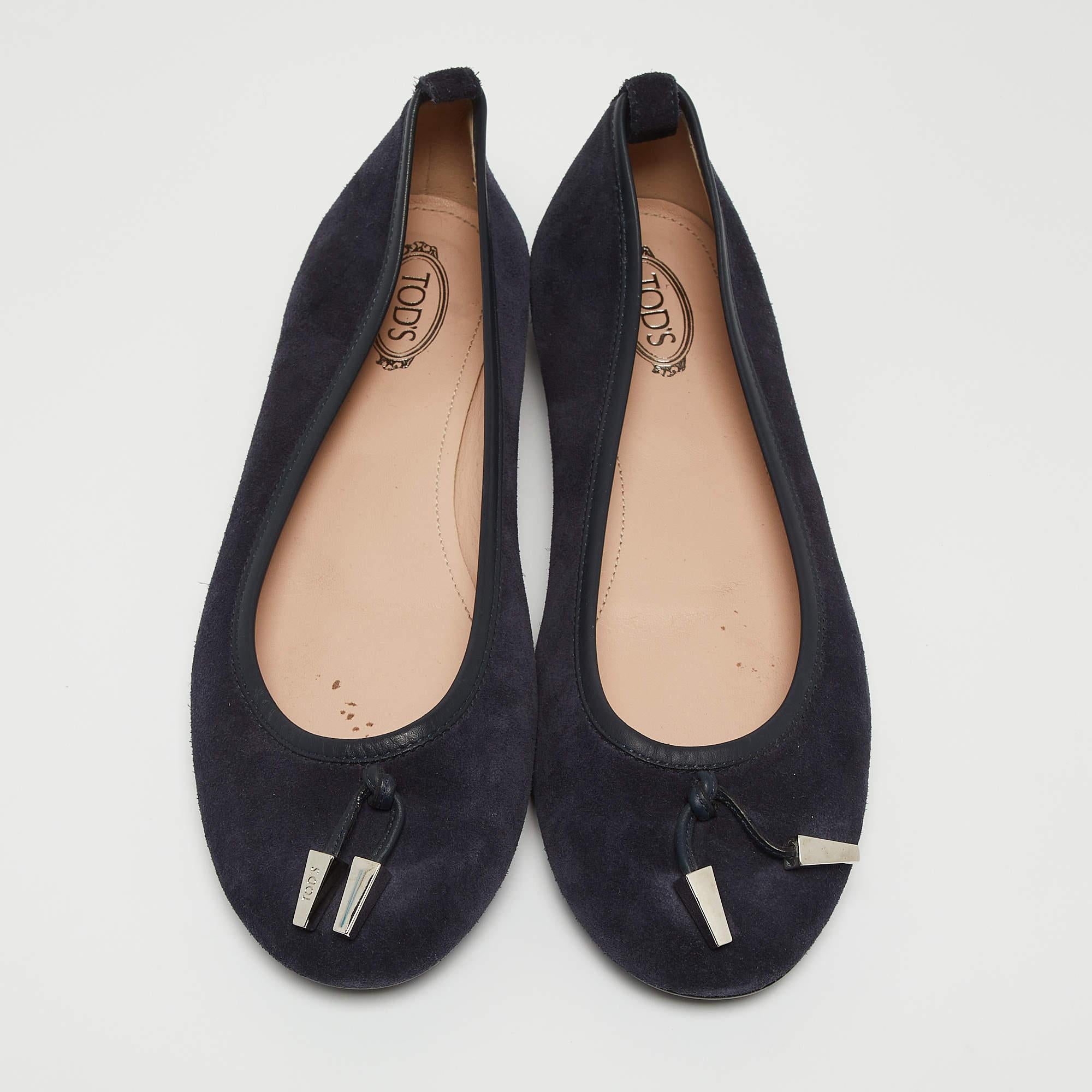 Black Tod's Navy Blue Suede Studded Ballet Flats Size 37.5