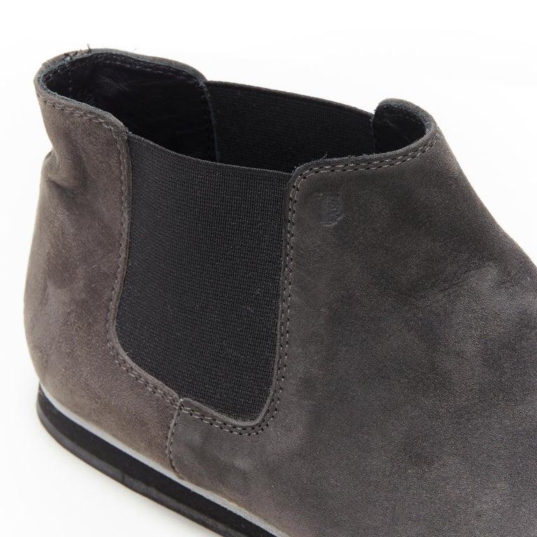 TOD'S No Code dark grey suede elastic gusset round toe flat ankle bootie  EU37 For Sale at 1stDibs | grey rounded toe flats