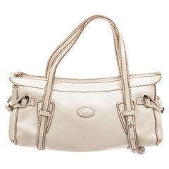 Tods Off White Leather Tote Bag with silver-tone hardware
